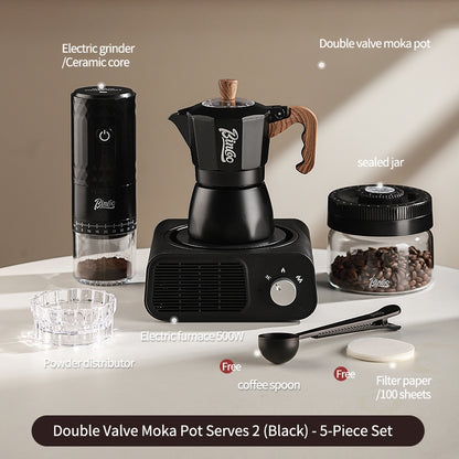 BINCOO Dual Valve Moka Pot with Electric Stove Set Home Coffee Maker Manual Coffee Grinder Italian Espresso Extraction Coffee Utensil Set 2Cups/4Cups
