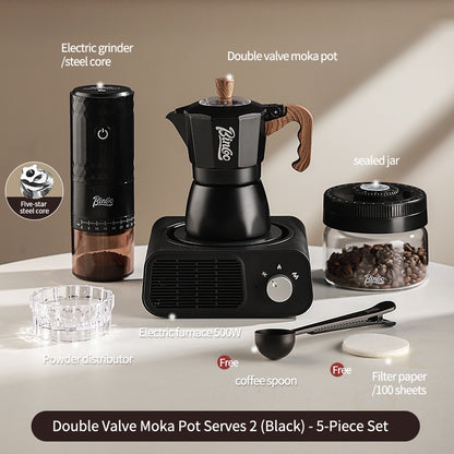 BINCOO Dual Valve Moka Pot with Electric Stove Set Home Coffee Maker Manual Coffee Grinder Italian Espresso Extraction Coffee Utensil Set 2Cups/4Cups