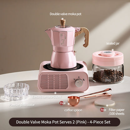 BINCOO Dual Valve Moka Pot with Electric Stove Set Home Coffee Maker Manual Coffee Grinder Italian Espresso Extraction Coffee Utensil Set 2Cups/4Cups