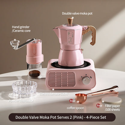 BINCOO Dual Valve Moka Pot with Electric Stove Set Home Coffee Maker Manual Coffee Grinder Italian Espresso Extraction Coffee Utensil Set 2Cups/4Cups