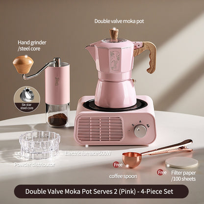 BINCOO Dual Valve Moka Pot with Electric Stove Set Home Coffee Maker Manual Coffee Grinder Italian Espresso Extraction Coffee Utensil Set 2Cups/4Cups