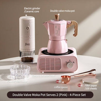 BINCOO Dual Valve Moka Pot with Electric Stove Set Home Coffee Maker Manual Coffee Grinder Italian Espresso Extraction Coffee Utensil Set 2Cups/4Cups