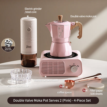 BINCOO Dual Valve Moka Pot with Electric Stove Set Home Coffee Maker Manual Coffee Grinder Italian Espresso Extraction Coffee Utensil Set 2Cups/4Cups