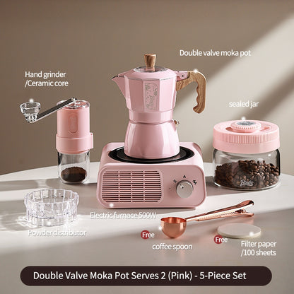 BINCOO Dual Valve Moka Pot with Electric Stove Set Home Coffee Maker Manual Coffee Grinder Italian Espresso Extraction Coffee Utensil Set 2Cups/4Cups