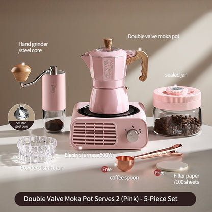 BINCOO Dual Valve Moka Pot with Electric Stove Set Home Coffee Maker Manual Coffee Grinder Italian Espresso Extraction Coffee Utensil Set 2Cups/4Cups
