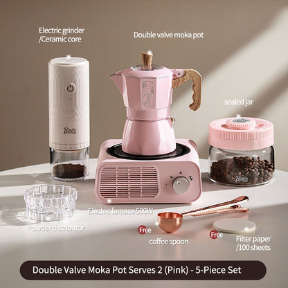 BINCOO Dual Valve Moka Pot with Electric Stove Set Home Coffee Maker Manual Coffee Grinder Italian Espresso Extraction Coffee Utensil Set 2Cups/4Cups
