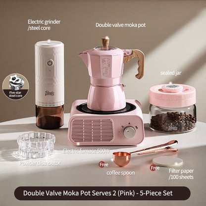 BINCOO Dual Valve Moka Pot with Electric Stove Set Home Coffee Maker Manual Coffee Grinder Italian Espresso Extraction Coffee Utensil Set 2Cups/4Cups