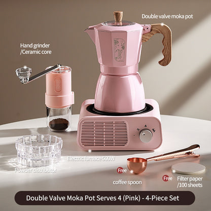 BINCOO Dual Valve Moka Pot with Electric Stove Set Home Coffee Maker Manual Coffee Grinder Italian Espresso Extraction Coffee Utensil Set 2Cups/4Cups