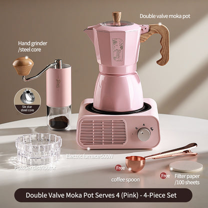 BINCOO Dual Valve Moka Pot with Electric Stove Set Home Coffee Maker Manual Coffee Grinder Italian Espresso Extraction Coffee Utensil Set 2Cups/4Cups