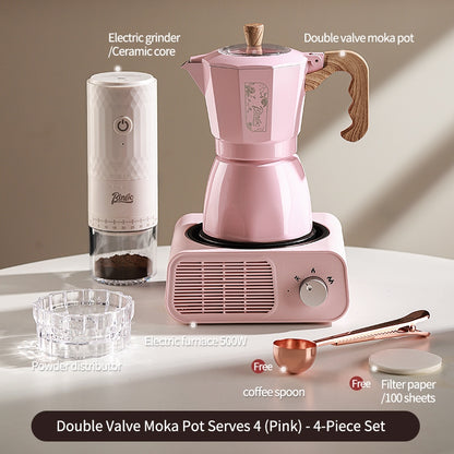 BINCOO Dual Valve Moka Pot with Electric Stove Set Home Coffee Maker Manual Coffee Grinder Italian Espresso Extraction Coffee Utensil Set 2Cups/4Cups