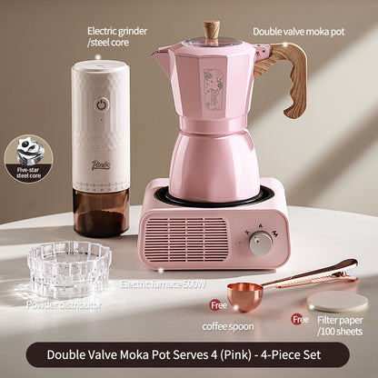 BINCOO Dual Valve Moka Pot with Electric Stove Set Home Coffee Maker Manual Coffee Grinder Italian Espresso Extraction Coffee Utensil Set 2Cups/4Cups