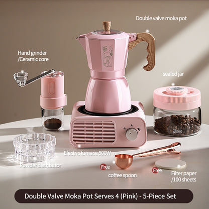 BINCOO Dual Valve Moka Pot with Electric Stove Set Home Coffee Maker Manual Coffee Grinder Italian Espresso Extraction Coffee Utensil Set 2Cups/4Cups