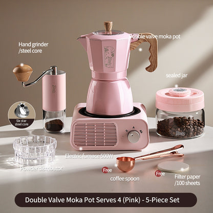 BINCOO Dual Valve Moka Pot with Electric Stove Set Home Coffee Maker Manual Coffee Grinder Italian Espresso Extraction Coffee Utensil Set 2Cups/4Cups
