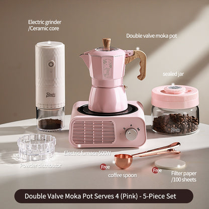 BINCOO Dual Valve Moka Pot with Electric Stove Set Home Coffee Maker Manual Coffee Grinder Italian Espresso Extraction Coffee Utensil Set 2Cups/4Cups
