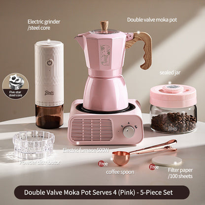BINCOO Dual Valve Moka Pot with Electric Stove Set Home Coffee Maker Manual Coffee Grinder Italian Espresso Extraction Coffee Utensil Set 2Cups/4Cups