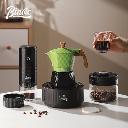BINCOO Double Valve Moka Pot with Electric Heater Set Coffee Maker & Grinder Outdoor Mini Italian Extraction Coffee Machine Set
