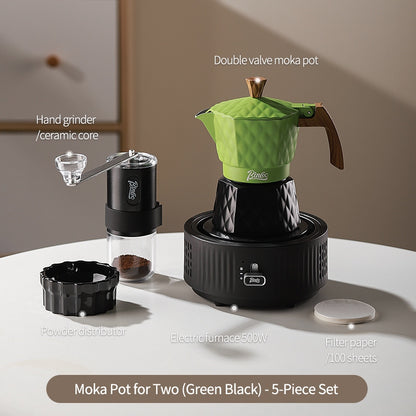 BINCOO Double Valve Moka Pot with Electric Heater Set Coffee Maker & Grinder Outdoor Mini Italian Extraction Coffee Machine Set