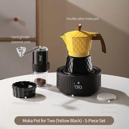BINCOO Double Valve Moka Pot with Electric Heater Set Coffee Maker & Grinder Outdoor Mini Italian Extraction Coffee Machine Set