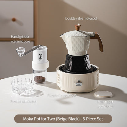 BINCOO Double Valve Moka Pot with Electric Heater Set Coffee Maker & Grinder Outdoor Mini Italian Extraction Coffee Machine Set