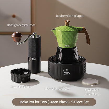 BINCOO Double Valve Moka Pot with Electric Heater Set Coffee Maker & Grinder Outdoor Mini Italian Extraction Coffee Machine Set