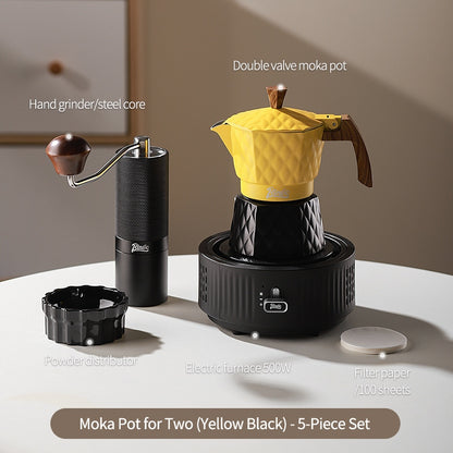 BINCOO Double Valve Moka Pot with Electric Heater Set Coffee Maker & Grinder Outdoor Mini Italian Extraction Coffee Machine Set