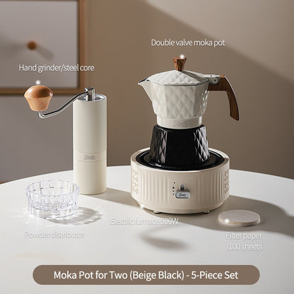 BINCOO Double Valve Moka Pot with Electric Heater Set Coffee Maker & Grinder Outdoor Mini Italian Extraction Coffee Machine Set