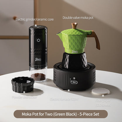 BINCOO Double Valve Moka Pot with Electric Heater Set Coffee Maker & Grinder Outdoor Mini Italian Extraction Coffee Machine Set