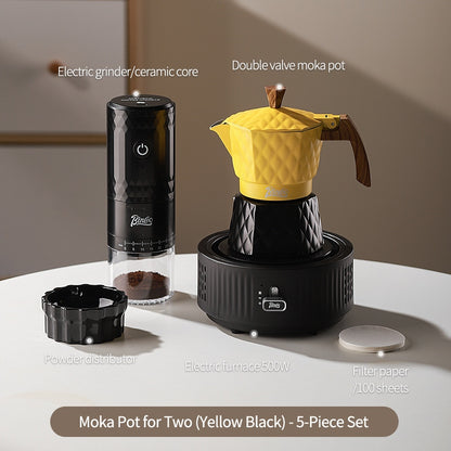 BINCOO Double Valve Moka Pot with Electric Heater Set Coffee Maker & Grinder Outdoor Mini Italian Extraction Coffee Machine Set
