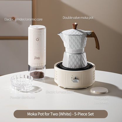 BINCOO Double Valve Moka Pot with Electric Heater Set Coffee Maker & Grinder Outdoor Mini Italian Extraction Coffee Machine Set