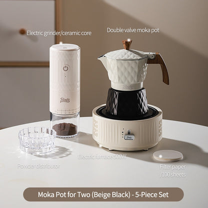 BINCOO Double Valve Moka Pot with Electric Heater Set Coffee Maker & Grinder Outdoor Mini Italian Extraction Coffee Machine Set