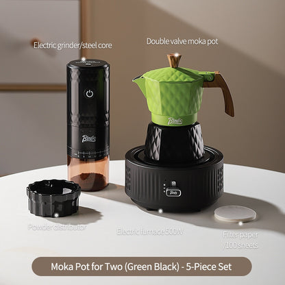 BINCOO Double Valve Moka Pot with Electric Heater Set Coffee Maker & Grinder Outdoor Mini Italian Extraction Coffee Machine Set