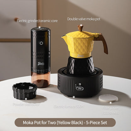 BINCOO Double Valve Moka Pot with Electric Heater Set Coffee Maker & Grinder Outdoor Mini Italian Extraction Coffee Machine Set