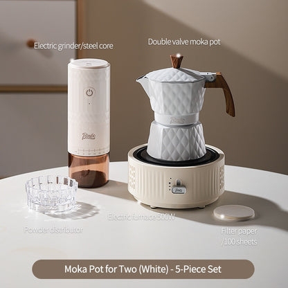 BINCOO Double Valve Moka Pot with Electric Heater Set Coffee Maker & Grinder Outdoor Mini Italian Extraction Coffee Machine Set