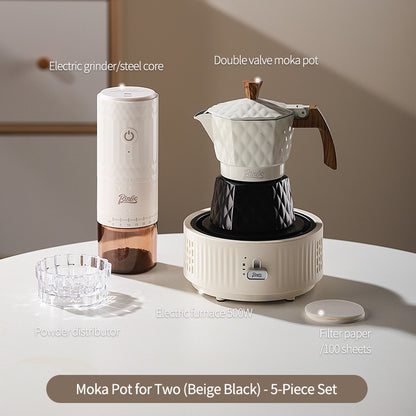 BINCOO Double Valve Moka Pot with Electric Heater Set Coffee Maker & Grinder Outdoor Mini Italian Extraction Coffee Machine Set