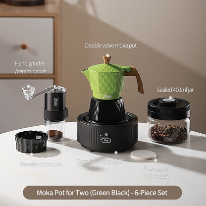 BINCOO Double Valve Moka Pot with Electric Heater Set Coffee Maker & Grinder Outdoor Mini Italian Extraction Coffee Machine Set