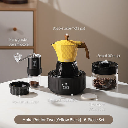 BINCOO Double Valve Moka Pot with Electric Heater Set Coffee Maker & Grinder Outdoor Mini Italian Extraction Coffee Machine Set