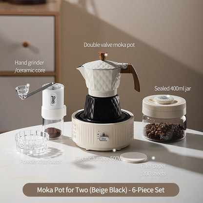 BINCOO Double Valve Moka Pot with Electric Heater Set Coffee Maker & Grinder Outdoor Mini Italian Extraction Coffee Machine Set