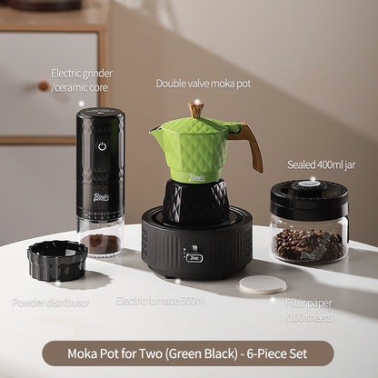 BINCOO Double Valve Moka Pot with Electric Heater Set Coffee Maker & Grinder Outdoor Mini Italian Extraction Coffee Machine Set