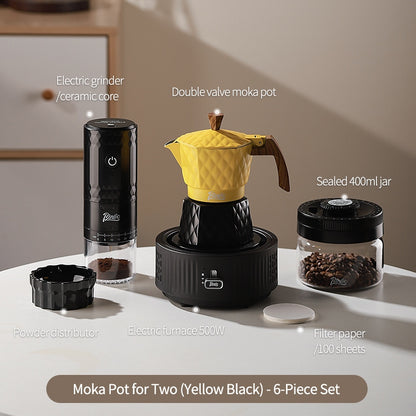 BINCOO Double Valve Moka Pot with Electric Heater Set Coffee Maker & Grinder Outdoor Mini Italian Extraction Coffee Machine Set