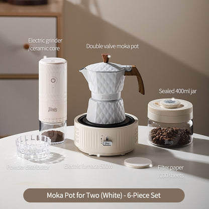 BINCOO Double Valve Moka Pot with Electric Heater Set Coffee Maker & Grinder Outdoor Mini Italian Extraction Coffee Machine Set