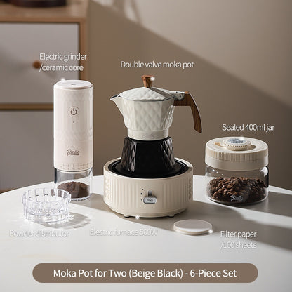 BINCOO Double Valve Moka Pot with Electric Heater Set Coffee Maker & Grinder Outdoor Mini Italian Extraction Coffee Machine Set