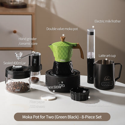 BINCOO Double Valve Moka Pot with Electric Heater Set Coffee Maker & Grinder Outdoor Mini Italian Extraction Coffee Machine Set