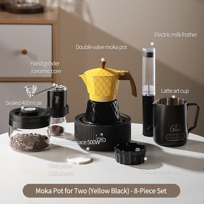 BINCOO Double Valve Moka Pot with Electric Heater Set Coffee Maker & Grinder Outdoor Mini Italian Extraction Coffee Machine Set