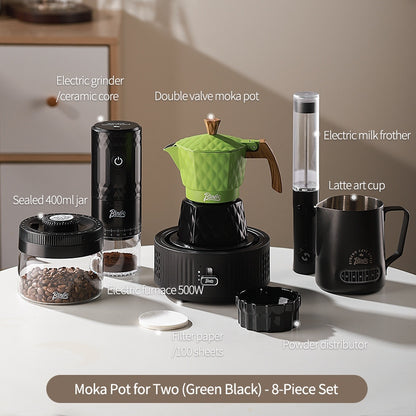 BINCOO Double Valve Moka Pot with Electric Heater Set Coffee Maker & Grinder Outdoor Mini Italian Extraction Coffee Machine Set