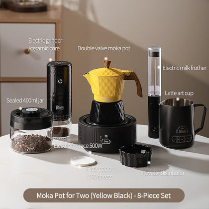 BINCOO Double Valve Moka Pot with Electric Heater Set Coffee Maker & Grinder Outdoor Mini Italian Extraction Coffee Machine Set