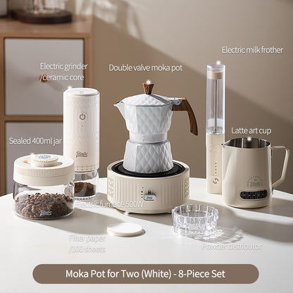 BINCOO Double Valve Moka Pot with Electric Heater Set Coffee Maker & Grinder Outdoor Mini Italian Extraction Coffee Machine Set