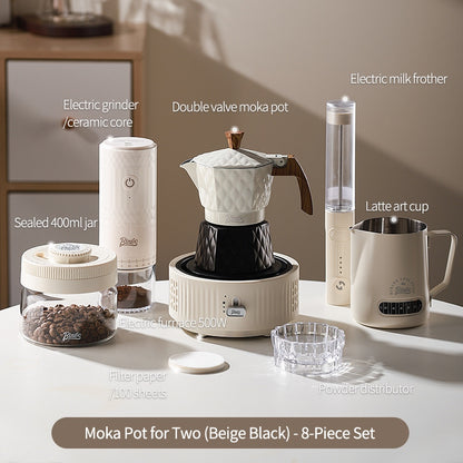 BINCOO Double Valve Moka Pot with Electric Heater Set Coffee Maker & Grinder Outdoor Mini Italian Extraction Coffee Machine Set