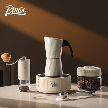 BINCOO European-style Double Valve Moka Pot with Electric Stove Set Household Coffee Maker & Manual Coffee Grinder Set 2Cups