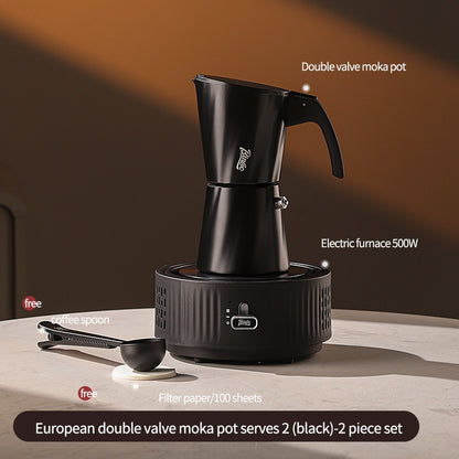 BINCOO European-style Double Valve Moka Pot with Electric Stove Set Household Coffee Maker & Manual Coffee Grinder Set 2Cups
