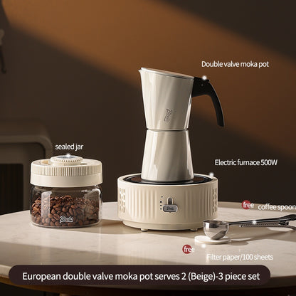 BINCOO European-style Double Valve Moka Pot with Electric Stove Set Household Coffee Maker & Manual Coffee Grinder Set 2Cups